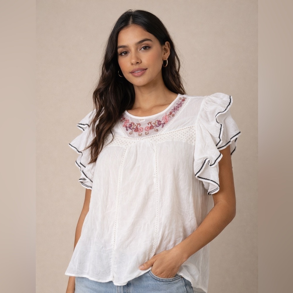 Sundance White Blouse with Pink Embroidery